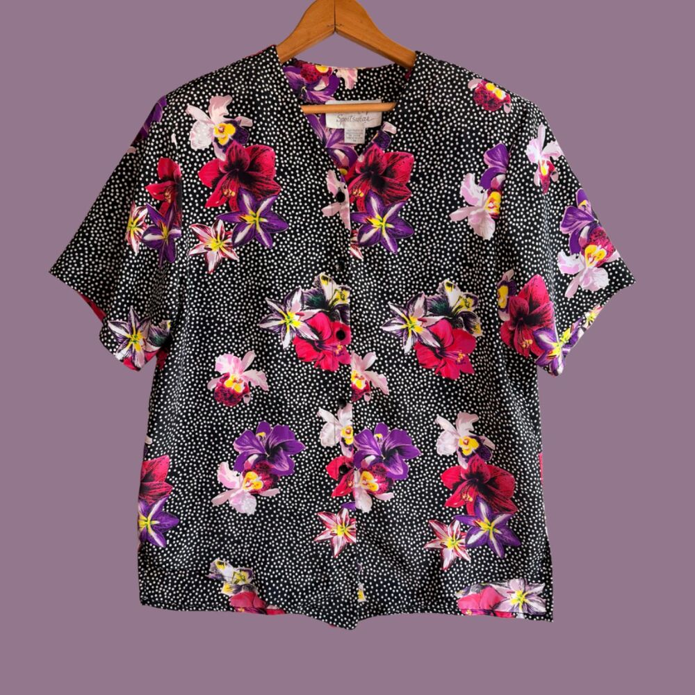 Vintage Patrick A Sportswear Button Front Polka Dot Floral Button Front Blouse